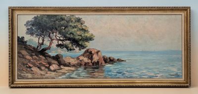 une peinture à l'huile représentant un arbre sur un rivage rocheux au bord de l'océan