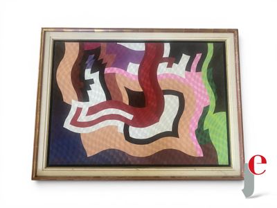 tableau représentant des formes abstraites, dans un cadre doré, accroché à un mur blanc
