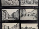 several black and white photographs of a street with people and horses
