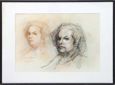 drawing of a woman ' s face and a man ' s head in a black frame