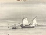 un vieux dessin représentant un bateau sur l'eau avec des personnes à bord