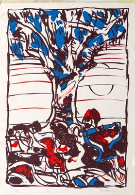 une image représentant un dessin d'un homme et d'une femme assis sous un arbre