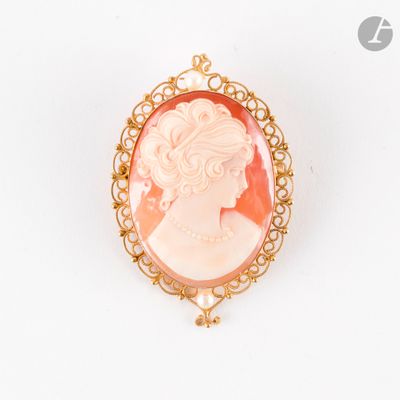 une image représentant une femme portant une broche-camaïeu rose
