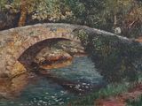 a painting of a stone bridge over a river