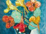 une peinture à l'huile représentant un vase rempli de fleurs posé sur une table