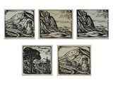 quatre gravures sur bois en noir et blanc représentant un paysage de montagne