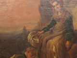 an old painting of a woman sitting on a rock next to a man