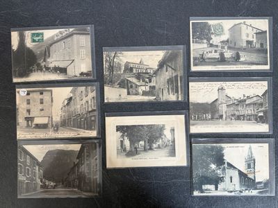 several old black and white photographs of buildings and a horse drawn carriage