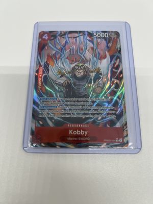 a close up of a card in a plastic holder on a table