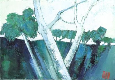 une peinture d'un arbre au milieu d'un champ