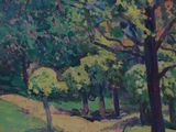 an oil painting of a path in a park with trees and grass