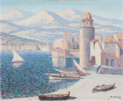 a painting of boats on the water near a lighthouse