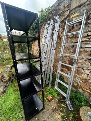deux échelles appuyées contre un mur de pierre, à côté d'une plante en pot