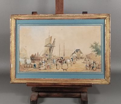 une vieille photo représentant un tableau posé sur un chevalet en bois, sur lequel figure un tableau représentant des personnes