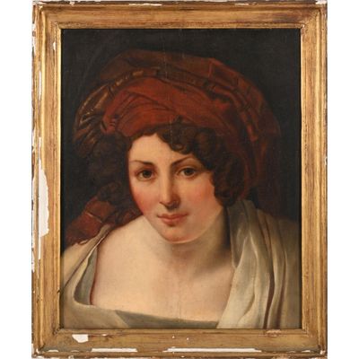 portrait d'une jeune femme coiffée d'un turban rouge