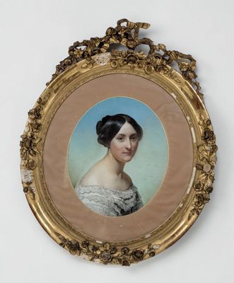 portrait of a woman in a white dress in a gold frame