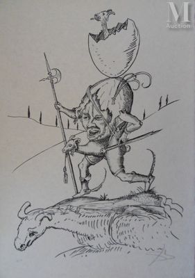 dessin représentant un homme avec un chien et un chat sur une colline