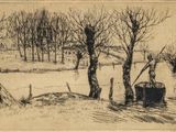an image of a drawing of a farm scene with trees and a tractor