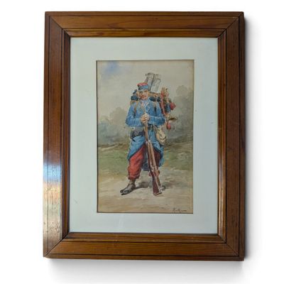 tableau représentant un homme en uniforme bleu tenant un fusil