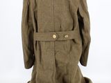 the back view of a military coat with a belt on a mannequin dummy