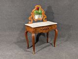 an image of a small wooden table with a mirror on top of it