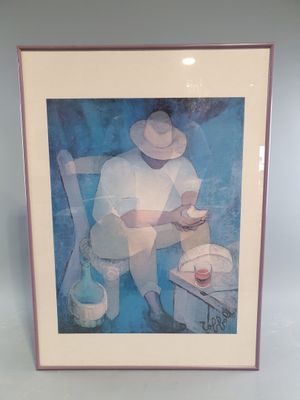 tableau représentant un homme assis sur une chaise, tenant un verre de vin