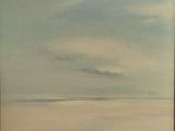 une peinture à l'huile représentant une scène de plage avec un bateau solitaire au loin