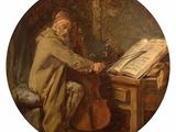 tableau représentant un homme assis à une table avec un violon et un livre