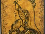 un tableau représentant une femme aux cheveux longs avec un oiseau sur la tête