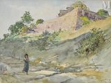 une aquarelle représentant une femme qui monte une colline