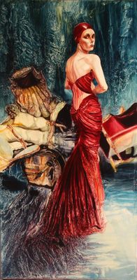 tableau représentant une femme en robe rouge debout à côté d'un cheval