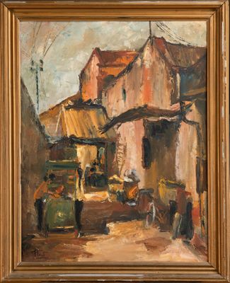 an oil painting of a street scene with a truck and people