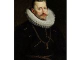un vieux tableau représentant un homme moustachu, vêtu d'une robe noire et d'un col à volants blanc