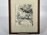 un dessin représentant un arbre, dans un cadre en bois, sur fond blanc