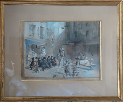tableau représentant un groupe de personnes dans une scène de rue, avec un bâtiment en arrière-plan