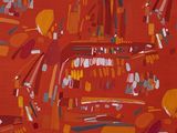 une image représentant une peinture montrant divers outils sur un fond rouge