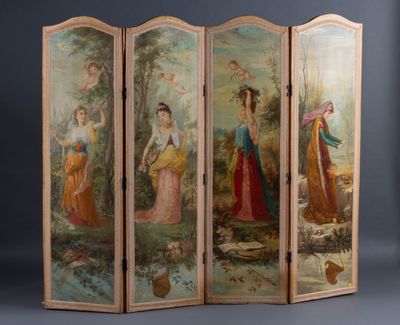 an image of a four paneled screen with a painting of women in a landscape