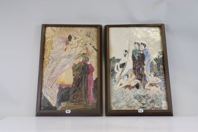 two framed paintings of a woman and a man on a white surface