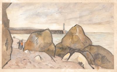a painting of two rocks on the beach with a lighthouse in the background