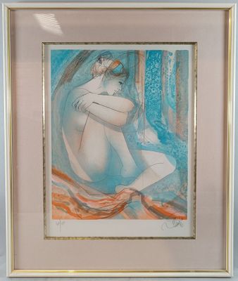 painting of a woman sitting on a bed with a red and blue blanket