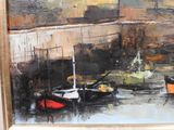 a painting of boats in a harbor with a building in the background