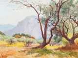painting of two trees in a field with mountains in the background