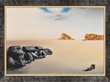 an image of a painting of rocks on a beach with a sky in the background
