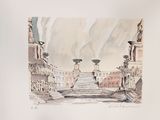 a picture of a painting of a fountain in the middle of a city