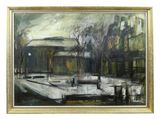 an oil painting of a park with benches and trees in the snow