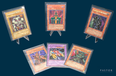 six cards of different types are displayed on a blue background