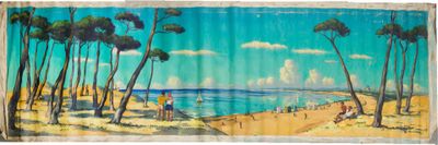 tableau représentant une scène de plage avec des palmiers et des personnes se promenant sur la plage