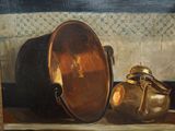 a painting of a pot and a bowl on a table