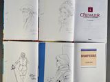 four pages of a book with a drawing of a woman in a hat