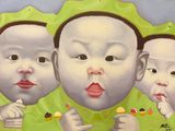 un tableau représentant trois bébés en train de se brosser les dents devant un miroir